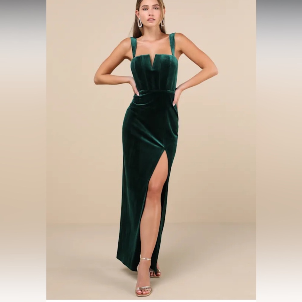 Lulus EmeraldGreen Pristine Luxury Velvet Bustier Dark Romantic MaxiDress NWOT S